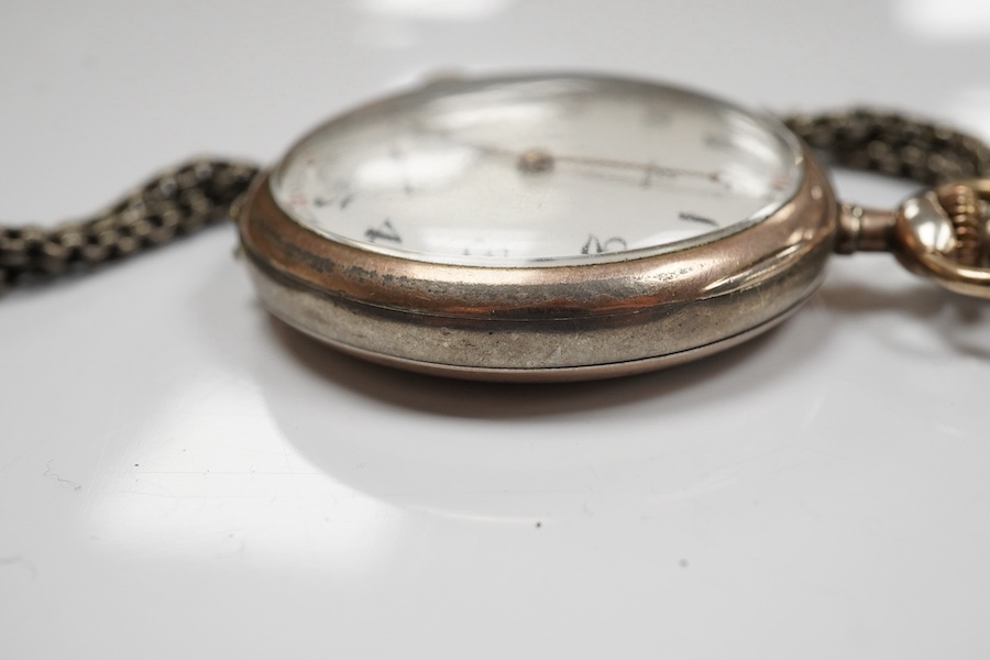 An 800 standard white metal Omega open faced keyless pocket watch, with Arabic dial and subsidiary seconds, case diameter 48mm, together with a white metal albertina. Condition - poor